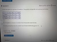 Submit Question
Question 6
B 0/1 pt O 3 99 O Details
A test was given to a group of students. The grades and gender are summarized below
A
В
C
Total
Male
7
4
15
26
Female
18
11
14
43
Total
25
15
29
69
If one student is chosen at random from those who took the test,
Find the probability that the student was female GIVEN they got an 'A'.
Question Help: DVideo
2Calculator
Submit Question
Question 7
C1/1 pt 399 O Details
