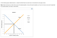 On the following graph, labeled Scenario 1, indicate the effect these two events have on the demand for and supply of pens.
Note: Select and drag one or both of the curves to the desired position. Curves will snap into position, so if you try to move a curve and it snaps back
to its original position, just drag it a little farther.
(?
Scenario 1
10
Supply
Demand
8
6
Supply
3
Demand
3 4 5
QUANTITY (Millions of pens)
0 1
2
6
7
8
10
PRICE (Dollars per pen)
