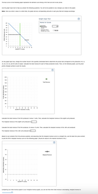 The blue curve on the following graph represents the demand curve facing a firm that can set its own prices.
Use the graph Input tool to help you answer the following questions. You will not be graded on any changes you make to this graph.
Note: Once you enter a value in a white fleld, the graph and any corresponding amounts In each grey fleld will change accordingly.
Graph Input Tool
Market for Goods
200
180
Quantity
Demanded
(Units)
20
160
140
Demand Price
(Dollars per unit)
100.00
120
100
80
60
Demand
40
20
0 4 8 12 16 20 24 28 32 36 40
QUANTITY Units)
On the graph input tool, change the number found in the Quantity Demanded field to determine the prices that correspond to the production of 0, 8,
16, 20, 24, 32, and 40 units of output. Calculate the total revenue for each of these production levels. Then, on the folowing graph, use the green
points (triangle symbol) to plot the results.
(?
2000
1800
Total Revenue
1600
1400
1200
1000
800
600
400
200
4
12 16
20 24
28
32
36
40
QUANTITY (Number of units)
Calculate the total revenue if the firm produces 8 versus 7 units. Then, calculate the marginal revenue of the elghth unit produced.
The marginal revenue of the elghth unit produced is
Calculate the total revenue if the firm produces 16 versus 15 units. Then, calculate the marginal revenue of the 16th unit produced.
The marginal revenue of the 16th unit produced is $
Based on your answers from the previous question, and assuming that the marginal revenue curve is a straight Nne, use the black Nne (plus symbol)
to plot the fim's marginal revenue curve on the following graph, (Round all values to the nearest Increment of 40.)
200
160
Marginal Revenue
120
40
-40
12 16 20 24 28
QUANTITY (Units)
4
32 36 40
Comparing your total revenue graph to your marginal revenue graph, you can see that when total revenue is decreasing, marginal revenue is
OTAL REVENUE (Dollars)
PRICE (Dollars per u
