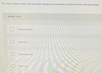 The most common funds used by private colleges and universities include all of the following except.
Multiple Choice
Endowment funds.
Loan funds.
Sustainable funds.
Plant funds.
