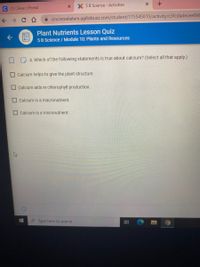 x X 5 B Science - Activities
(1) Clever | Portal
A cincinnatielem.agilixbuzz.com/student/175545815/activity/c3fcdadecee84b
Plant Nutrients Lesson Quiz
5B Science / Module 10: Plants and Resources
O 4. Which of the following statements is true about calcium? (Select all that apply.)
Calcium helps to give the plant structure.
Calcium aids in chlorophyll production.
Calcium is a macronutrient.
O Calcium is a micronutrient.
Type here to search
日
