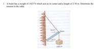 1. A beam has a weight of 1425 N which acts at its center and a length of 2.30 m. Determine the
tension in the cable.
bannig il Tm lo
od o lolle onalg e ni
abningamad ol
50.0°
Beam
30.0°
1960 N
