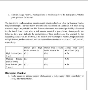 5. Shift-in-charge Nazar Al Rushdy: Nazar is pessimistic about the market price. What is
your guidance for Nazar?
The decision to employ decision trees in crucial situations has been taken by Salem Al Harthi,
the plant manager. The table below presents data on demand for a duration of 6 hours along
with their respective probabilities. The first row of the table provides the probability of demand
for the initial three hours when a leak occurs, denoted in parentheses. Subsequently, the
following three rows indicate the probabilities of high, medium, and low demand for the
succeeding three hours. To illustrate, if the initial 3-hour market price was low, the probabilities
of high demand, medium demand, and low demand in the next three hours are 0.2, 0.3, and 0.5,
respectively.
Market price High
Market price Medium
Initial 3-hrs (0.2)
Initial 3-hrs (0.5)
Market price Low
Initial 3-hrs (0.3)
High demand (next (0.5)
(0.4)
(0.2)
3 hrs)
Medium
demand (0.3)
(0.2)
(0.3)
(next 3 hours)
Low demand (next (0.2)
(0.4)
(0.5)
3 hours)
Discussion Question
6. Make a decision tree and suggest what decision to make: repair HRSG immediately or
delay it for the next shift.