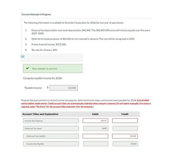 Current Attempt in Progress
The following information is available for Bramble Corporation for 2024 (its first year of operations).
1.
Excess of tax depreciation over book depreciation, $42,400. This $42,400 difference will reverse equally over the years
2025-2028.
2.
Deferral, for book purposes, of $20,300 of rent received in advance. The rent will be recognized in 2025.
3.
Pretax financial income, $272,300.
4.
Tax rate for all years, 30%.
(a)
Your answer is correct.
Compute taxable income for 2024.
Taxable income $
250200
Prepare the journal entry to record income tax expense, deferred income taxes, and income taxes payable for 2024. (List all debit
entries before credit entries. Credit account titles are automatically indented when amount is entered. Do not indent manually. If no entry is
required, select "No Entry" for the account titles and enter 0 for the amounts.)
Account Titles and Explanation
Income Tax Expense
Deferred Tax Asset
Deferred Tax Liability
Income Tax Payable
Debit
79410
6090
Credit
10440
75060