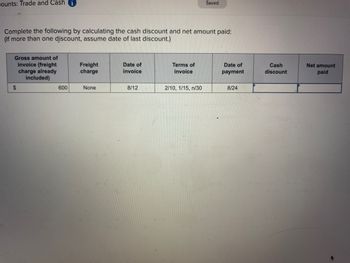 ### Calculating Cash Discounts and Net Amount Paid

Complete the following by calculating the cash discount and net amount paid. (If more than one discount, assume date of last discount.)

| Gross amount of invoice (freight charge already included) | Freight charge | Date of invoice | Terms of invoice | Date of payment | Cash discount | Net amount paid |
|-----------------------------------------------------------|----------------|-----------------|------------------|-----------------|---------------|-----------------|
| $600                                                      | None           | 8/12            | 2/10, 1/15, n/30 | 8/24            |               |                 |

#### Explanation

- **Gross Amount of Invoice**: The total invoice amount, including any freight charges.
- **Freight Charge**: Any additional transportation cost associated with the delivery.
- **Date of Invoice**: The date when the invoice was issued.
- **Terms of Invoice**: Describes the discount available if the payment is made within a specific period. For example, "2/10" indicates a 2% discount if paid within 10 days.
- **Date of Payment**: The actual date when the payment was made.
- **Cash Discount**: The amount reduced from the gross invoice amount if conditions are met.
- **Net Amount Paid**: The total amount paid after accounting for any cash discount.

Given the terms "2/10, 1/15, n/30", payment made on 8/24 qualifies for a 1% discount since it is within 15 days of the invoice date (8/12). The calculation needs to be conducted accordingly to find the cash discount and the net amount paid.