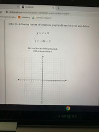 DeltaMath
b deltamath.com/student/solve/13395010/custom1619403954079
nisd.org bookmarks
its itslearning
CommonLit Black P..
Solve the following system of equations graphically on the set of axes below.
y = x +5
y = -2x - 1
Plot two lines by clicking the graph.
Click a line to delete it.
10
8
4.
12
-10
-8
-5
-4
-3
-2
-1
2
3.
4
-7
-8
-10
SAMSUNG

