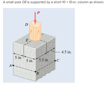 ### Explanation of a Short Column Support

**Problem Context:**
A small post \(DE\) is supported by a short 10 × 10-in. column as depicted in the diagram.

**Diagram Description:**
The diagram shows a post \(DE\) sitting on top of a block that measures 10 inches by 10 inches. The post is labeled as \(D\) at the top and \(E\) where it meets the block. There is a force, \(P\), acting downward on the post.

The block itself is a cube with several measurements marked:
1. From the bottom left corner \(A\) to the top left corner \(E\), and bottom right corner \(B\) to the top right corner \(C\), it is marked 5 inches vertically.
2. Horizontally, from point \(A\) to point \(B\) (left to right at the bottom of the block) and from \(E\) to \(C\) (left to right at the top of the block), it is also marked 5.5 inches.
3. The segment \(C\) to the right face of the block is marked at 4.5 inches.

**Geometrical Details:**
- Points \(A\) to \(B\) and \(A\) to \(D\) form the foundational base of the column.
- The height of the cube is consistently measured at 5 inches.
- The top of the cube has a left-to-right span from \(E\) to \(C\) of 5.5 inches.
- The marked depth through \(C\) shows a length of 4.5 inches to the right face of the block.

This setup likely involves calculating stresses or evaluating the structural integrity of the column under the applied force \(P\).

**Purpose on Educational Website:**
This diagram is used to illustrate the dimensions and forces acting on a small post supported by a short column. Students can practice understanding how to interpret given measurements and how the structure will respond to an applied load. This kind of problem is fundamental in structural engineering and helps in learning how to determine the stresses and potential points of failure in a given structure.