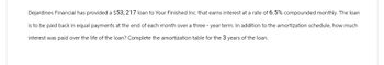 Dejardines Financial has provided a $53, 217 loan to Your Finished Inc. that earns interest at a rate of 6.5% compounded monthly. The loan
is to be paid back in equal payments at the end of each month over a three-year term. In addition to the amortization schedule, how much
interest was paid over the life of the loan? Complete the amortization table for the 3 years of the loan.