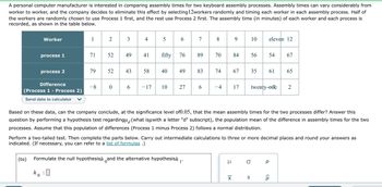 personal computer manufacturer is interested in comparing assembly times for two keyboard assembly processes. Assembly times can vary considerably from
worker to worker, and the company decides to eliminate this effect by selecting12workers randomly and timing each worker in each assembly process. Half of
the workers are randomly chosen to use Process 1 first, and the rest use Process 2 first. The assembly time (in minutes) of each worker and each process is
recorded, as shown in the table below.
Worker
process 1
process 2
Difference
(Process 1 - Process 2)
Send data to calculator
0
1
71
79
2
52
52
-8 0
3
49
43
6
4
41
58
- 17
5
6
fifty 76
40
49
10 27
7
(to) Formulate the null hypothesish and the alternative hypothesish 1.
:0
89
83
6
8
70 84
9
74 67
-4 17
μ
XI
10 eleven 12
Based on these data, can the company conclude, at the significance level of0.05, that the mean assembly times for the two processes differ? Answer this
question by performing a hypothesis test regardingμ (what isµwith a letter "d" subscript), the population mean of the difference in assembly times for the two
processes. Assume that this population of differences (Process 1 minus Process 2) follows a normal distribution.
a
56
Perform a two-tailed test. Then complete the parts below. Carry out intermediate calculations to three or more decimal places and round your answers as
indicated. (If necessary, you can refer to a list of formulas .)
S
54
35 61 65
67
twenty-one 2
р
<Q