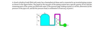 A closed cylindrical tank filled with water has a hemispherical dome and is connected to an inverted piping system
as shown in the figure below. The liquid in the top part of the piping system has a specific gravity of 0.8, and the
remaining parts of the system are filled with water. If the pressure gage reading at point A is 60 kPa, determine (a) the
pressure in the pipe at B, and (b) the pressure head, in millimeters of mercury, at point C.
3m
7m
C
L
3m
2m
-B