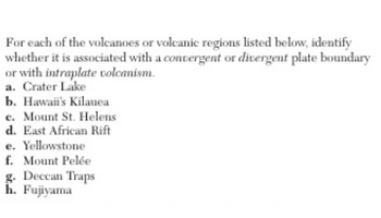 For each of the volcanoes or volcanic regions listed below, identify
whether it is associated with a convergent or divergent plate boundary
or with intraplate volcanism.
a. Crater Lake
b. Hawaii's Kilauea
c. Mount St. Helens
d. East African Rift
e. Yellowstone
f. Mount Pelée
g. Deccan Traps
h. Fujiyama