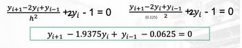 Yi+1-2Yi+yi-1
h²
Yi+1-2Yi+Yi-1
(0.125)
+2y-1=0
Yi+1 -1.9375y; + Yi-1 - 0.0625 = 0
+2y; -1=0
2