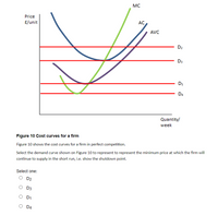 MC
Price
AC
£/unit
AVC
D2
D3
D1
D4
Quantity/
week
Figure 10 Cost curves for a firm
Figure 10 shows the cost curves for a firm in perfect competition.
the firm will
Select the demand curve shown on Figure 10 to represent to represent the minimum price at whic
continue to supply in the short run, i.e. show the shutdown point.
Select one:
O D2
O D3
O D1
O DA
