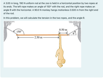 **Uniform Rod and Tension Problem**

A 3.00 m long, 190 N uniform rod at the zoo is held in a horizontal position by two ropes at its ends. The left rope makes an angle of 150° with the rod, and the right rope makes an angle θ with the horizontal. A 90.0 N monkey hangs motionless 0.500 m from the right end of the rod.

In this problem, we will calculate the tension in the two ropes, and the angle θ.

**Diagram Explanation:**

The diagram shows a horizontal orange rod suspended by two ropes attached to trees on either side. The left rope forms an angle of 150° with the rod. The right rope forms an angle θ with the horizontal. A monkey is hanging 0.500 m from the right end of the rod. The distances along the rod are marked: 2.50 m from the left end of the rod to the monkey and 0.50 m from the monkey to the right end of the rod.