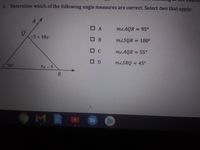 1. Determine which of the following angle measures are correct. Select two that apply.
ロA
MŁAQR = 95°
-5+10r
ロ B
M2SQR
maSOR = 100°
ロC
MLAQR = 55°
ロD
M2SRQ = 45
50°
5x-5
M
