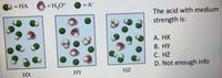 = HA
= H,O*
= A
The acid with medium
strength is:
A. HX
B. HY
C. HZ
D. Not enough info
HX
HY
HZ
