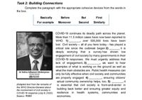 Task 2: Building Connections
Complete the paragraph with the appropriate cohesive devices from the words in
the box.
Basically
Before
But
First
For example
Moreover
Second Similarly
COVID-19 continues its deadly path across the planet.
More than 11.5 million cases have now been reported to
WHO. 1).
lost. Civil society - all of you here today - has played a
critical role since the outbreak began 2) ---- it is
deeply worrying that a survey has shown low
engagement of civil society by many governments in their
COVID-19 responses. We must urgently address that
lack of engagement. 3) ----- we want to hear
examples of what is working on the ground as well as
--- over 535,000 lives have been
what the main obstacles are. Public health measures can
Dr Tedros Adhanom Ghebreyesus
only be fully effective when civil society and communities
are properly engaged. 4) ------ ensuring citizens'
actual community ownership helps, too. 5) --, it
is essential that civil society is front-and-center in
Director-General
Wold He
Orgwiastion
(Adapted text from the remarks of
the WHO Director-General about
building back better and ensuring greater equity and
the involvement of civil society in
COVID-19 response (July 8, 2020). resilience in health systems, communities and
Source: WHO
economies.
