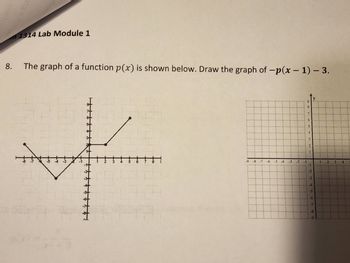 on 1314 Lab Module 1
8.
The graph of a function p(x) is shown below. Draw the graph of -p(x - 1) - 3.
गे
-8 -7
n
-5 4 -3
T
करे
96
47
8
H
ET
H
-9 -8 -7 -6 -5 4 -3 -2
9
8
H
7
6
5
3
2
-1
-2
-3
-4
-5
-6
TH
-7
-8
-9
123
4