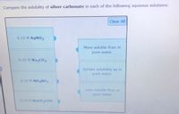 Compare the solubility of silver carbonate in each of the following aqueous solutions:
Clear All
0.10 M AgN03
More soluble than in
pure water.
0.10 M Na2CO3
Similar solubility as in
pure water.
0.10 M NH4N03
Less soluble than in
pure water.
0.10 M NaCH 3CO0
