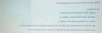 If buyers pay more of a tax than do the sellers
اختر أحد الخيارات
a. demand is more elastic than supply O
.b. supply is more elastic than demand O
C. None of the above answers is correct O
.d. the equilibrium price paid by buyers rises by less than half the amount of the tax
„e. the amount of tax revenue collected by the government is almost zero
