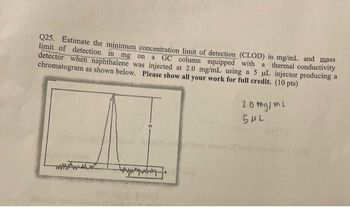 Q25. Estimate the minimum concentration limit of detection (CLOD) in mg/mL and mass
limit of detection in mg on a GC column equipped with a thermal conductivity
detector when naphthalene was injected at 2.0 mg/mL using a 5 μL injector producing a
chromatogram as shown below. Please show all your work for full credit. (10 pts)
h
noe causes
2.0 mg/ml
5ML