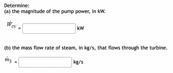 Determine:
(a) the magnitude of the pump power, in kW.
Wev
CV
kW
(b) the mass flow rate of steam, in kg/s, that flows through the turbine.
m3
=
kg/s