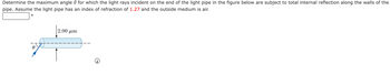 Determine the maximum angle 0 for which the light rays incident on the end of the light pipe in the figure below are subject to total internal reflection along the walls of the
pipe. Assume the light pipe has an index of refraction of 1.27 and the outside medium is air.
O
2.00 μm