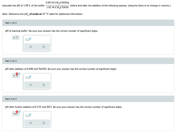 Calculate the pH of 1.00 L of the buffer
Part 1 of 3
Note: Reference the pK of acids at 25 °C table for additional information.
a
4.73
pH of starting buffer: Be sure your answer has the correct number of significant digits.
Part 2 of 3
×...
4.76
Part 3 of 3
x10
×
pH after addition of 0.040 mol NaOH: Be sure your answer has the correct number of significant digits.
4.61
x10
X
Ś
x10
0.99 M CH3COONa
1.02 M CH₂COOH
X
before and after the addition of the following species. (Assume there is no change in volume.)
Ś
pH after further addition of 0.133 mol HCl: Be sure your answer has the correct number of significant digits.
Ś