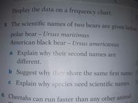 5 The scientific names of two bears are given below:
6 Cheetahs can run faster than any other animal.
Display the data on a frequency chart.
5. The scientific names of two bears are given belov
polar bear - Ursus maritimus
American black bear - Ursus americanus
a Explain why their second names are
different.
b Suggest why they share the same first name.
C Explain why species need scientific names.
6 Cheetahs can run faster than
other animal.
any
