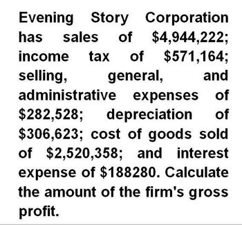 Evening Story Corporation
has sales of $4,944,222;
income tax of $571,164;
selling,
general,
and
administrative expenses of
$282,528; depreciation of
$306,623; cost of goods sold
of $2,520,358; and interest
expense of $188280. Calculate
the amount of the firm's gross
profit.