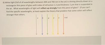 9) White light (full of all wavelengths between 400 and 700 nm in the air) is shining directly down on a
rectangular thin piece of glass with index of refraction 1.2 and thickness 1 um that is suspended in
the air. What wavelengths of light will reflect up strongly from this piece of glass? (if you can't
find the specific wavelengths, at least explain the theory that predicts that some colors will reflect
stronger than others.
V
b
0
red