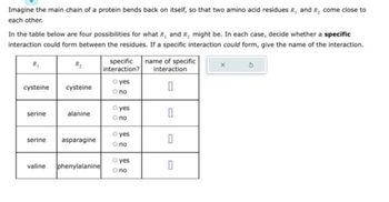 Imagine the main chain of a protein bends back on itself, so that two amino acid residues R, and R, come close to
each other.
In the table below are four possibilities for what R, and R, might be. In each case, decide whether a specific
interaction could form between the residues. If a specific interaction could form, give the name of the interaction.
R₁
cysteine
serine
serine
valine
R₂
cysteine
alanine
asparagine
phenylalanine
specific
interaction?
O yes
O no
O yes
O no
O yes
O no
O yes
O no
name of specific
interaction
0
0
0
0