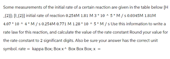 Some measurements of the initial rate of a certain reaction are given in the table below [H
_{2}]; [1_{2}] initial rate of reaction 0.254M 1.81 M 3 * 10 ^ 5* M/s 0.0345M 1.81M
4.07 * 10^4* M/s 0.254M 0.771 M 1.28 * 10 ^ 5* M/s Use this information to write a
rate law for this reaction, and calculate the value of the rate constant Round your value for
the rate constant to 2 significant digits. Also be sure your answer has the correct unit
symbol. rate = kappa Box; Box x^ Box Box Box; x =