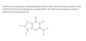 Guanine, as it would appear at physiological pH, is shown below. One of the pKas of guanine, which
results from the loss of a hydrogen (as a proton) at N7, is 2.4. What is the average, net charge of
guanine when the pH equals 2.4?
H
8
H
N
N
9
5
4
6
1
N
H
H