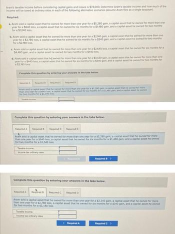 ces
Aram's taxable income before considering capital gains and losses is $74,000. Determine Aram's taxable income and how much of the
income will be taxed at ordinary rates in each of the following alternative scenarios (assume Aram files as a single taxpayer).
Required:
a. Aram sold a capital asset that he owned for more than one year for a $5,280 gain, a capital asset that he owned for more than one
year for a $640 loss, a capital asset that he owned for six months for a $1,480 gain, and a capital asset he owned for two months
for a $1,040 loss.
b. Aram sold a capital asset that he owned for more than one year for a $2,140 gain, a capital asset that he owned for more than one
year for a $2,780 loss, a capital asset that he owned for six months for a $340 gain, and a capital asset he owned for two months
for a $2,180 loss.
c. Aram sold a capital asset that he owned for more than one year for a $2,640 loss, a capital asset that he owned for six months for a
$4,480 gain, and a capital asset he owned for two months for a $440 loss.
d. Aram sold a capital asset that he owned for more than one year for a $3,420 gain, a capital asset that he owned for more than one
year for a $440 loss, a capital asset that he owned for six months for a $340 gain, and a capital asset he owned for two months for
a $2,180 loss.
Complete this question by entering your answers in the tabs below.
Required 5
Required A
Required C Required D
Aram sold a capital asset that he owned for more than one year for a $5,280 gain, a capital asset that he owned for more
than one year for a $640 loss, a capital asset that he owned for six months for a $1,480 gain, and a capital asset he owned
for two months for a $1,040 loss.
Taxable income
Complete this question by entering your answers in the tabs below.
Required A
Required B
Taxable income
Income tax ordinary rates
Aram sold a capital asset that he owned for more than one year for a $5,280 gain, a capital asset that he owned for more
than one year for a $640 loss, a capital asset that he owned for six months for a $1,480 gain, and a capital asset he owned
for two months for a $1,040 loss.
Required C
Required A Required B
Required D
Taxable income
Income tax ordinary rates
Complete this question by entering your answers in the tabs below.
Required C
Required A
Required D
Required B >
Aram sold a capital asset that he owned for more than one year for a $2,140 gain, a capital asset that he owned for more
than one year for a $2,780 loss, a capital asset that he owned for six months for a $340 gain, and a capital asset he owned
for two months for a $2,180 loss.
< Required A
Required C >