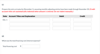 (c)
Prepare the entry at maturity (December 1), assuming monthly adjusting entries have been made through November 30. (Credit
account titles are automatically indented when amount is entered. Do not indent manually.)
Date
Account Titles and Explanation
Debit
Credit
Dec. 1
(d)
What was the total financing cost (interest expense)?
Total financing cost
