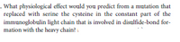 . What physiological effect would you predict from a mutation that
replaced with serine the cysteine in the constant part of the
immunoglobulin light chain that is involved in disulfide-bond for-
mation with the heavy chain? ,
