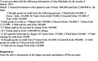 You are provided with the following information of John Mlachake for the month of
March 2014
March: 1 Started his business with capital in cash of Kshs. 800,000 and Kshs 2,200,000 in the
bank.
2 Bought goods on credit from the following persons: J Ward Kshs 610,000; P
Green Kshs. 214,000: M Taylor Kshs Kshs174,000; S Gemmill Kshs 345,000; P
Tone Kshs 542,000.
4 Sold goods on credit to: J Sharpe Kshs 340,000; G Boycott Kshs 720,000; F Titmus Kshs
1,152,000. 6 Paid rent by cash Kshs 180,000
9 J Sharpe paid us his account by cheque Kshs 340,000.
10 F Titmus paid us Kshs 1,000,000 by cheque.
12 We paid the following by cheque: M Taylor Kshs 174,000; J Ward Kshs 610,000. 15 Paid
carriage by cash Kshs 38,000.
18 Bought goods on credit from P Green Kshs 291,000; S Gemmill Kshs 940,000. 21 Sold
goods on credit to G Boycott Kshs 810,000.
31 Paid rent by cheque Kshs Kshs 230,000.
Required to:
Enter the above transactions in the ledger accounts and balance off the accounts.
