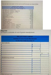 Cost and sales information for the most recent fiscal year are shown below:
WALLACE RIVER COMPANY
Cost and Sales Information
For the Year Ended December 31
Purchases of raw materials
Raw materials inventory, beginning
Raw materials inventory, ending
Depreciation, factory
Insurance, factory
Direct labour
Maintenance, factory
Administrative expense
Sales
Utilities, factory
Supplies, factory
Selling expense
Advertising expense
Indirect labour, factory
Work in process inventory, beginning
Work in process inventory, ending
Finished goods inventory, beginning
Finished goods inventory, ending
$ 94,000
14,000
21,000
44,400
5,000
64,000
30,000
71,600
490,000
27,000
1,000
81,600
21,600
65,000
7,000
30,000
10,000
40,000
Required:
1. Prepare a schedule of cost of goods manufactured.
WALLACE RIVER COMPANY
Schedule of Cost of Goods Manufactured
For the Year Ended December 31
Direct materials:
24
Manufacturing overhead:
Total overhead costs
