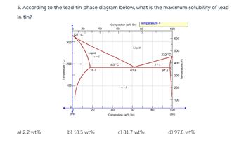 5. According to the lead-tin phase diagram below, what is the maximum solubility of lead
in tin?
a) 2.2 wt%
Temperature (°C)
300
200
100
0
20
327 °C
D
(Pb)
a
T
Liquid
a + L
18.3
20
40
T
b) 18.3 wt%
T
Composition (at% Sn)
60
T
183 °C
a + ß
T
Liquid
61.9
60
40
Composition (wt% Sn)
Temperature =
80
c) 81.7 wt%
B+L
80
100
232 °C
97.8
600
500
400
300
200
100
100
(Sn)
Temperature (°F)
d) 97.8 wt%