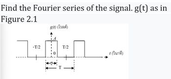 Find the Fourier series of the signal. g(t) as in
Figure 2.1
g(1) (had)
-T/2
T/2
1 (วินาที)