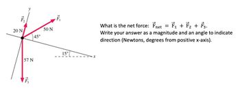 20 N
y
57 N
TF₂
45°
50 N
F
15°
What is the net force: Fnet
F₁ + F₂ + F3.
Write your answer as a magnitude and an angle to indicate
direction (Newtons, degrees from positive x-axis).
=