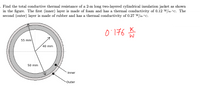 Find the total conductive thermal resistance of a 2-m long two-layered cylindrical insulation jacket as shown
in the figure. The first (inner) layer is made of foam and has a thermal conductivity of 0.12 W/m.°C. The
second (outer) layer is made of rubber and has a thermal conductivity of 0.27 W/m.°C.
0176
K
W
55 mm
40 mm
50 mm
Inner
Outer