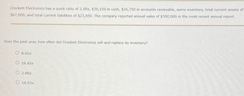 Crockett Electronics has a quick ratio of 2.00x, $30,150 in cash, $16,750 in accounts receivable, some inventory, total current assets of
$67,000, and total current liabilities of $23,450. The company reported annual sales of $300,000 in the most recent annual report.
Over the past year, how often did Crockett Electronics sell and replace its inventory?
08.01x
O 16.42x
O 2.86x
O 14.93x