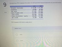 Excerpts from TPX Company's December 31, 2021 and 2020, financial statements are presented below:
6.
2021
2020
Accounts receivable
$ 48,000 $ 45,000
Inventory
36,000
46,000
Net sales
197,000
199,000
еВook
Cost of goods sold
122,000
114,000
Total assets
429,000
419,000
Total stockholders' equity
246,000
227,000
Net income
33,500
34,000
TPX Company's 2021 debt to equity ratio is:
Multiple Choice
7.90%.
13.62%.
