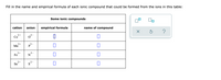 Fill in the name and empirical formula of each ionic compound that could be formed from the ions in this table:
Some ionic compounds
On
cation
anion
empirical formula
name of compound
2+
Со
o-
3+
Mn
3-
P
3+
Fe
N3-
2+
Sn
s²-
