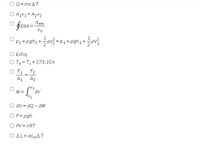 Q = MCAT
O A1V1= A2V2
9 enc
€0
1
1
P2 + pgh2 +pv = P1+pgh1
E=F/q
O Tk = T+273.15K
F1
F2
A1
A2
V2
W =
AP.
O dU = dQ – dW
P= pgh
PV = nRT
O AL= aLoAT
+t
