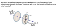 A beam of unpolarized light passes through two ideal polarizing filters with different
orientations as shown in the figure. What is the ratio of the final intensity of the beam to the
initial intensity?
Incident
light
40°
50°
Transmitted
light
