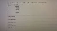 A project has the following cash flows. What is the internal rate of return?
Years
Cash flow
-$46.800
11.260
18.220
15.950
4.
13,560
O 9.75 percent
O 10.28 percent
O 10.60 percent
O 10.67 percent
O 11.23 percent
2 3.
