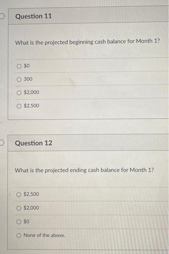 D
Question 11
What is the projected beginning cash balance for Month 1?
O $0
300
O $2,000
O $2,500
Question 12
What is the projected ending cash balance for Month 1?
$2,500
O $2,000
O $0
O None of the above.